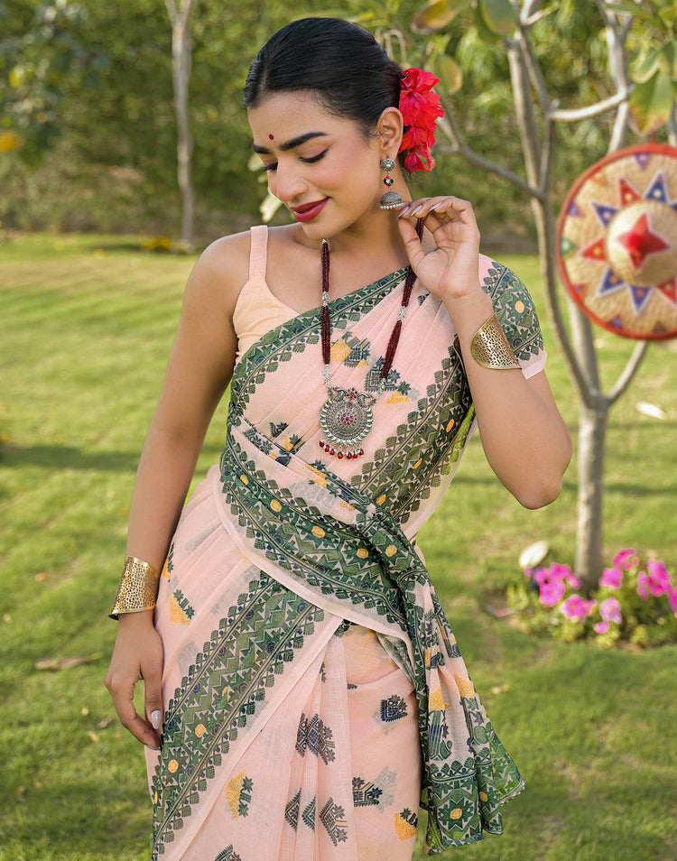 Peach Linen Printed Saree
