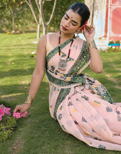 Peach Linen Printed Saree