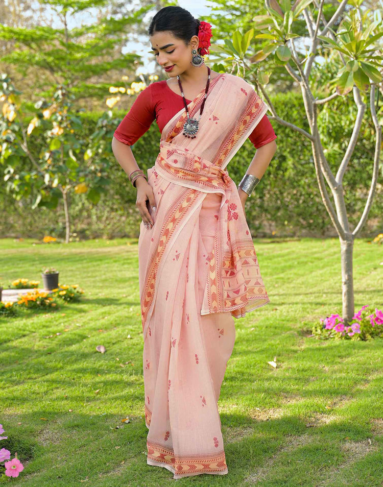 Peach Linen Printed Saree