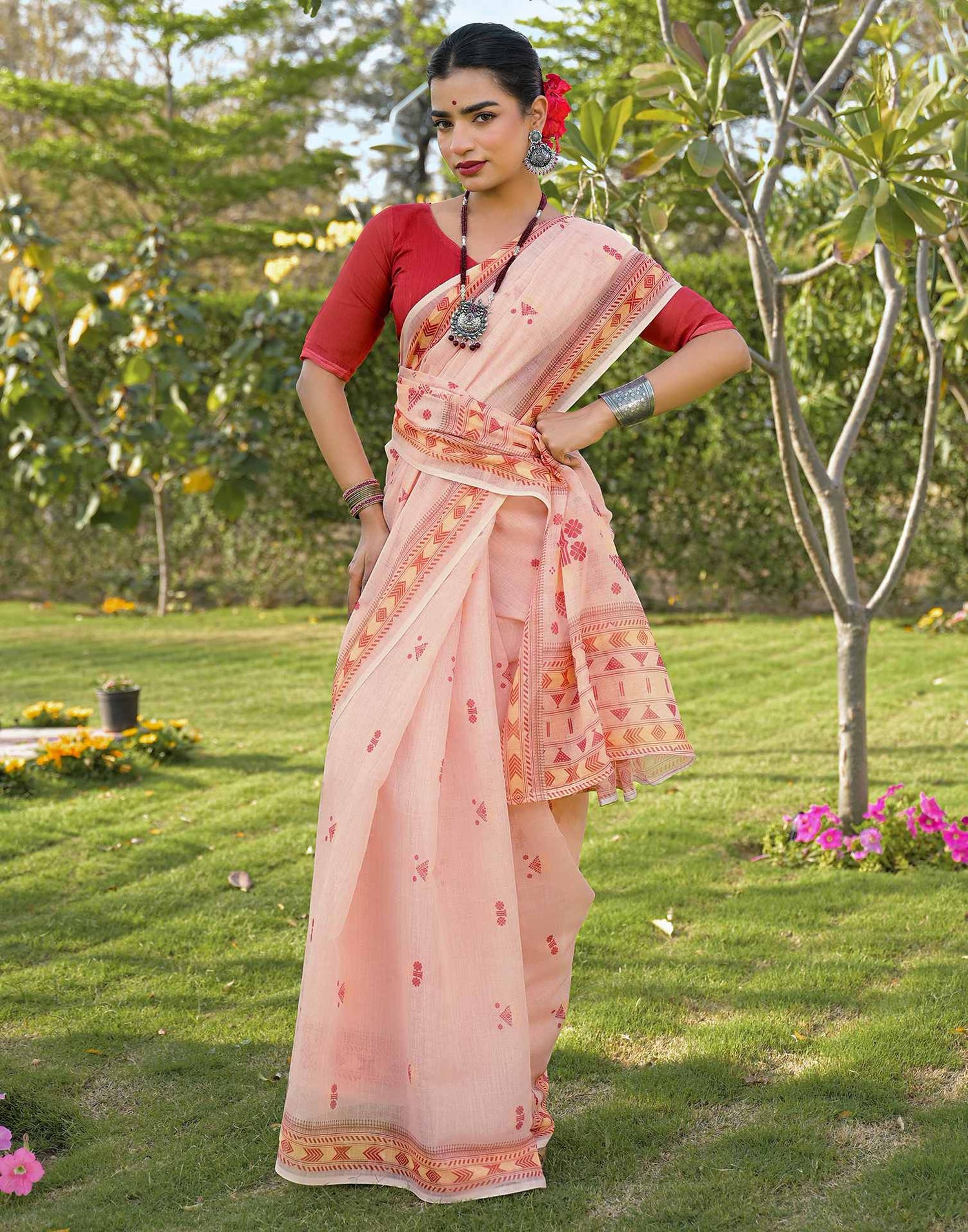 Peach Linen Printed Saree