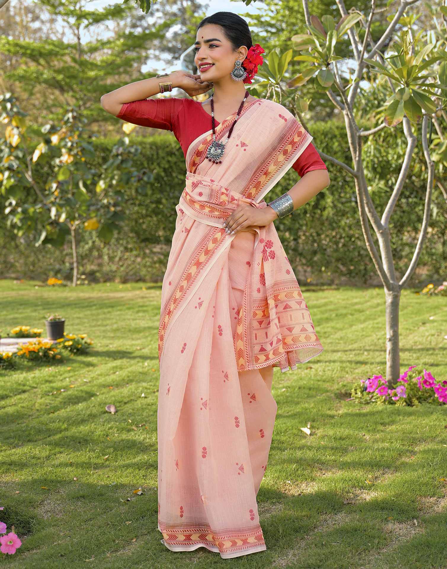 Peach Linen Printed Saree