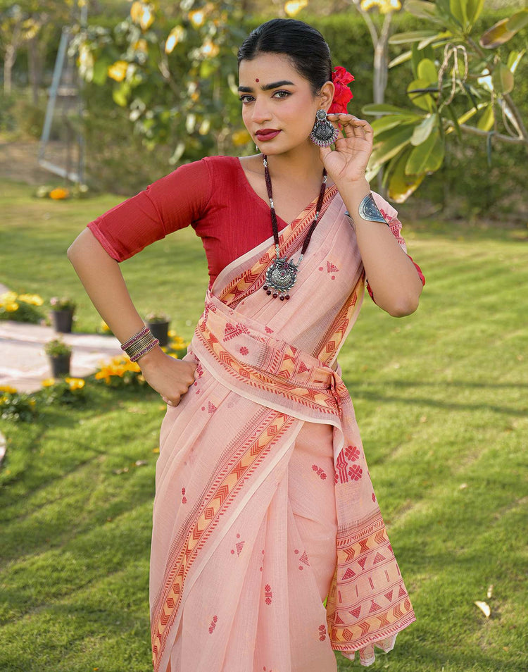 Peach Linen Printed Saree