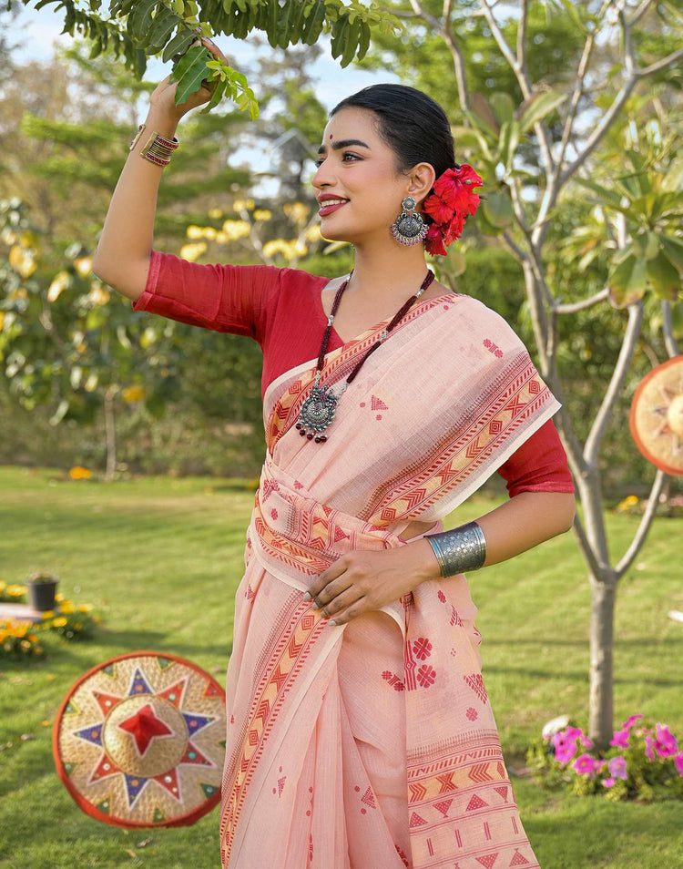 Peach Linen Printed Saree