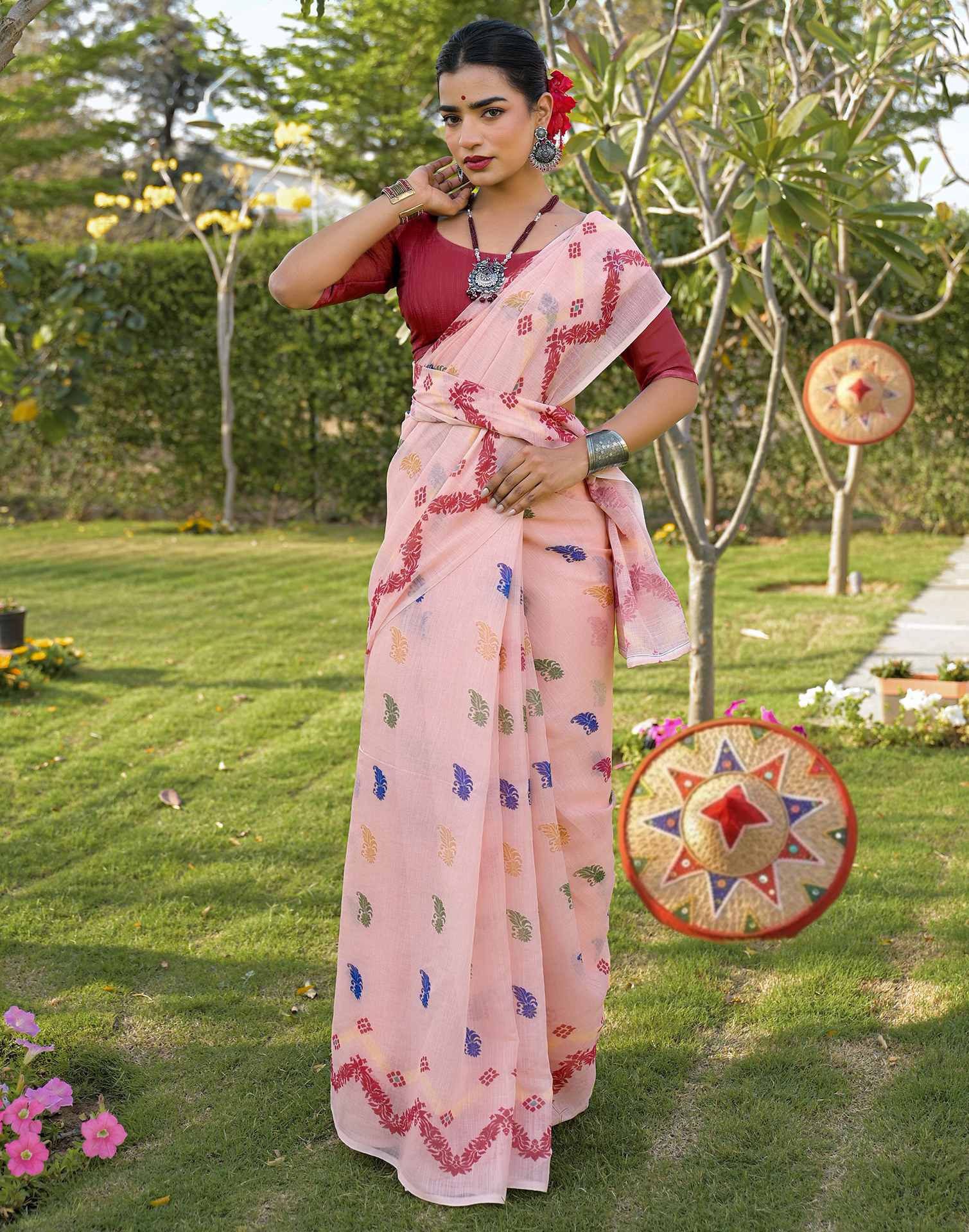 Peach Linen Printed Saree
