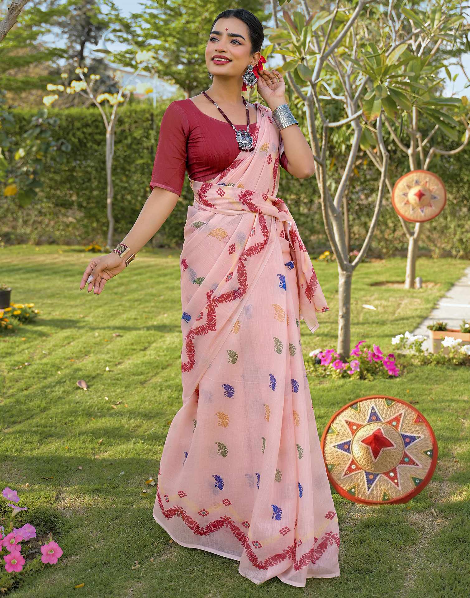 Peach Linen Printed Saree