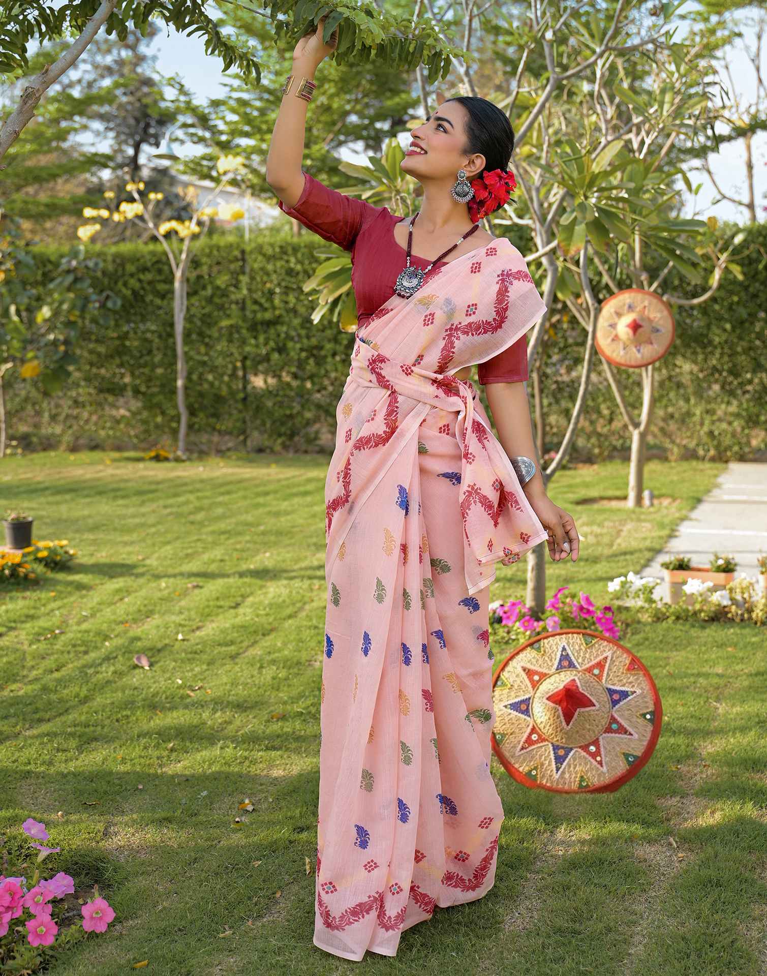 Peach Linen Printed Saree