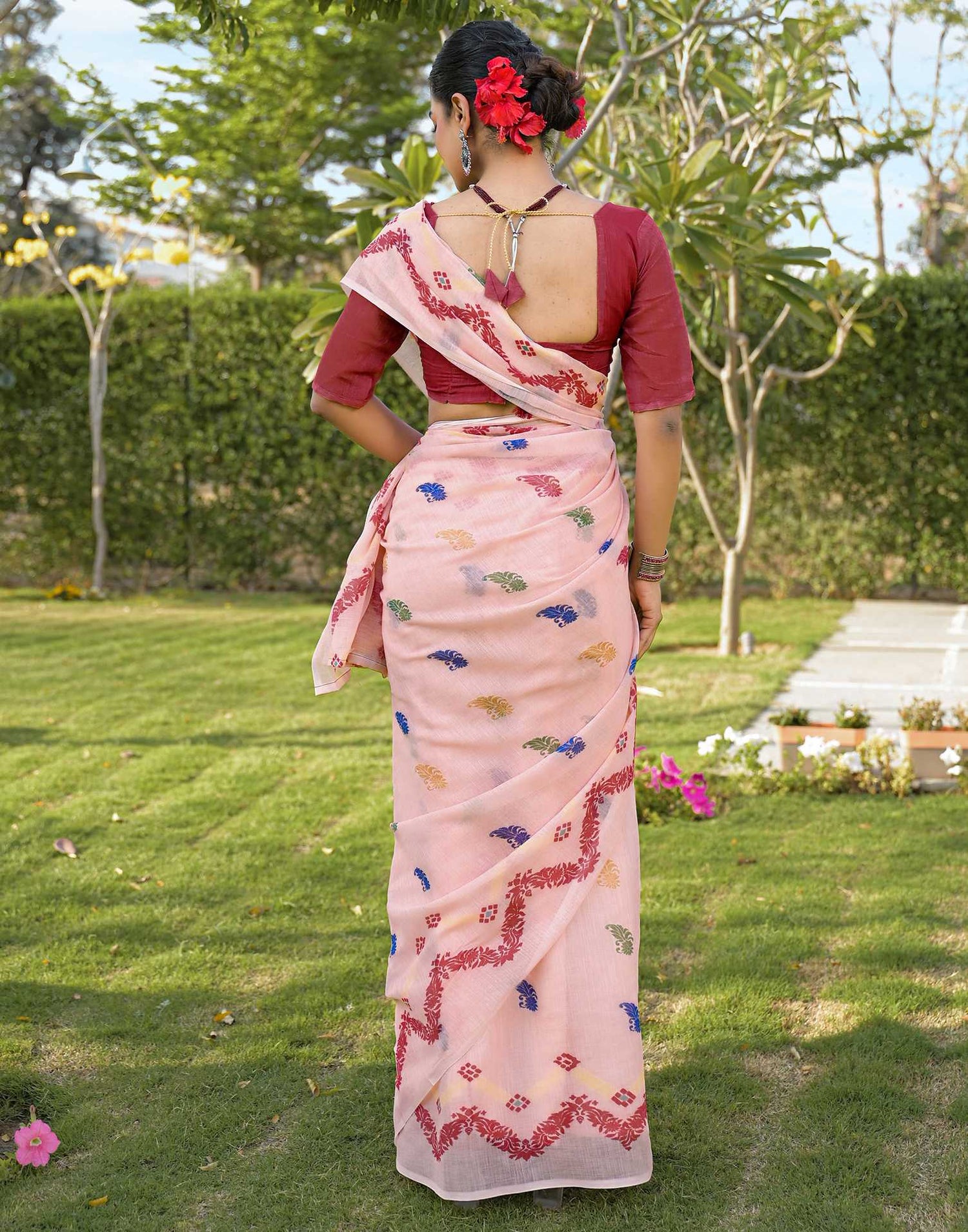 Peach Linen Printed Saree