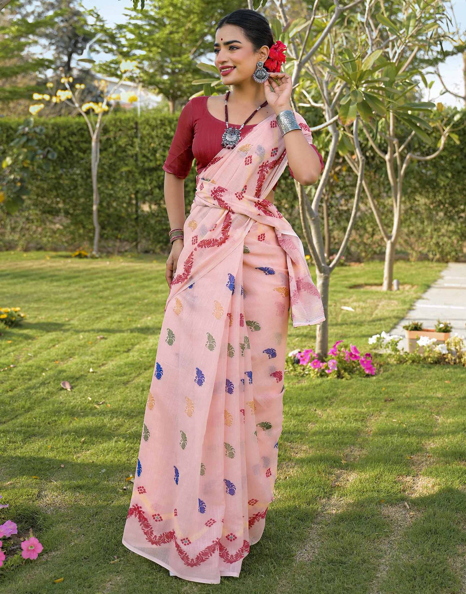 Peach Linen Printed Saree