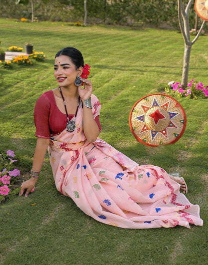 Peach Linen Printed Saree