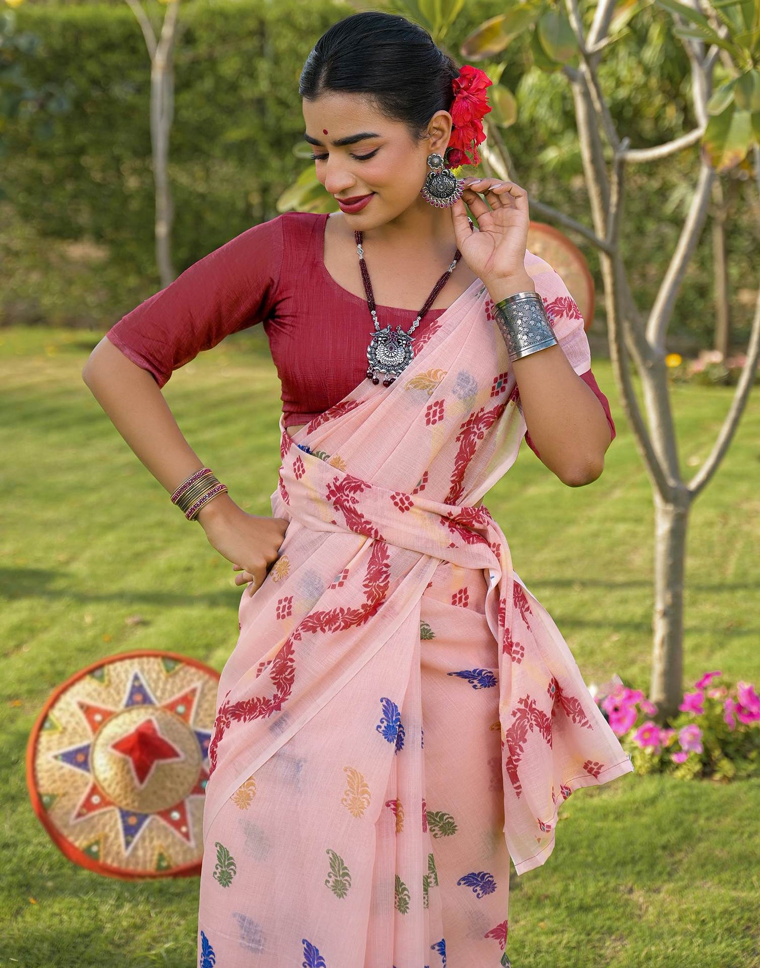 Peach Linen Printed Saree