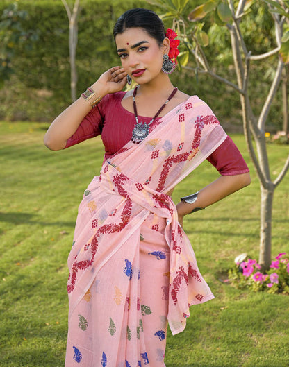 Peach Linen Printed Saree