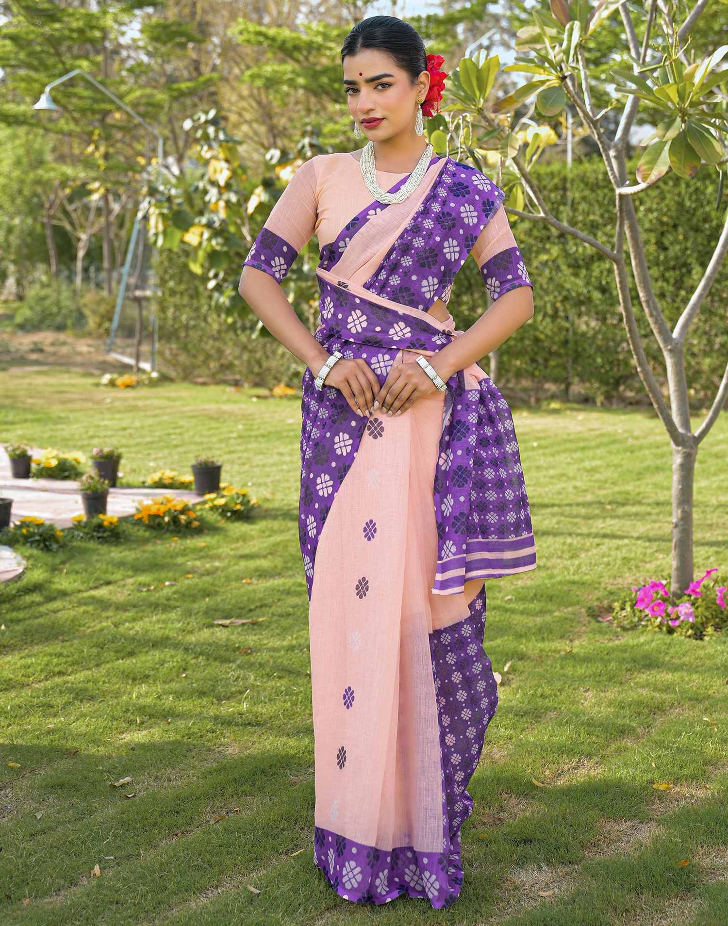Peach Linen Printed Saree