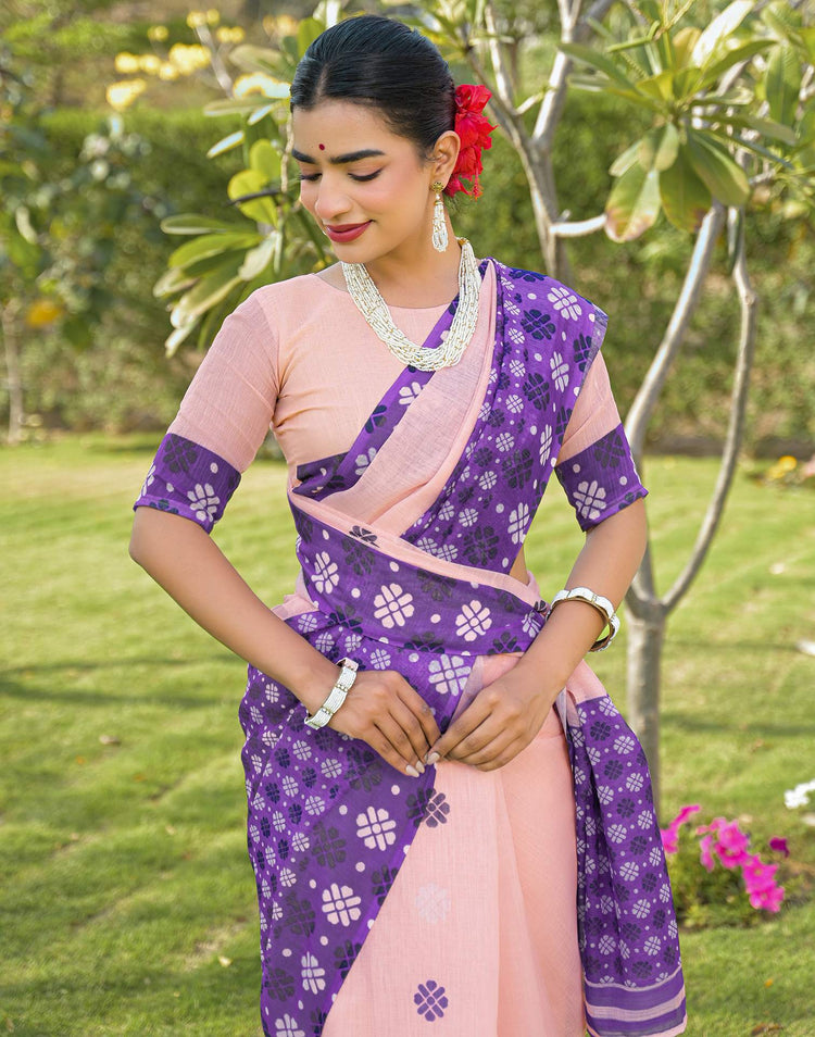 Peach Linen Printed Saree