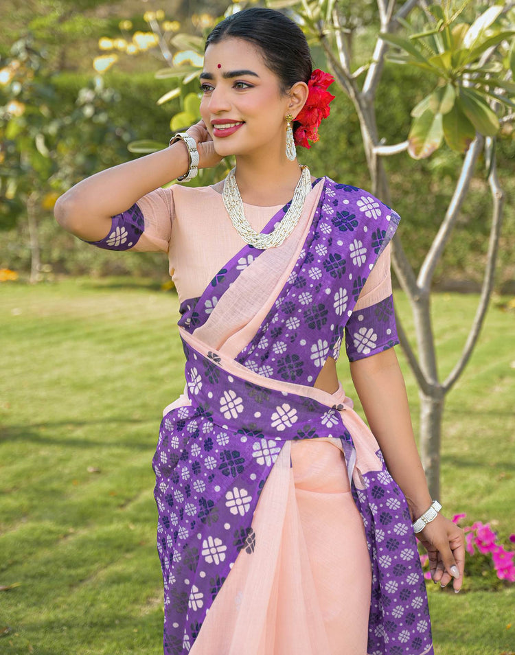 Peach Linen Printed Saree