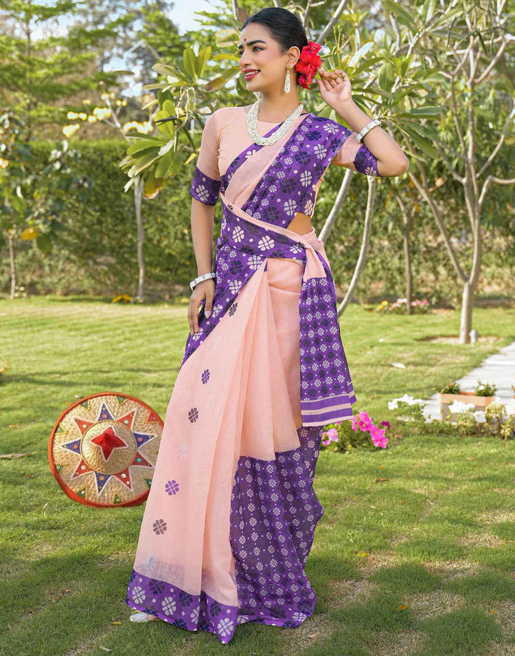 Peach Linen Printed Saree