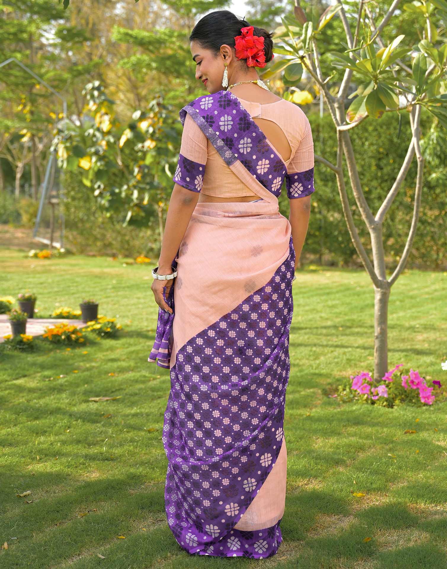 Peach Linen Printed Saree