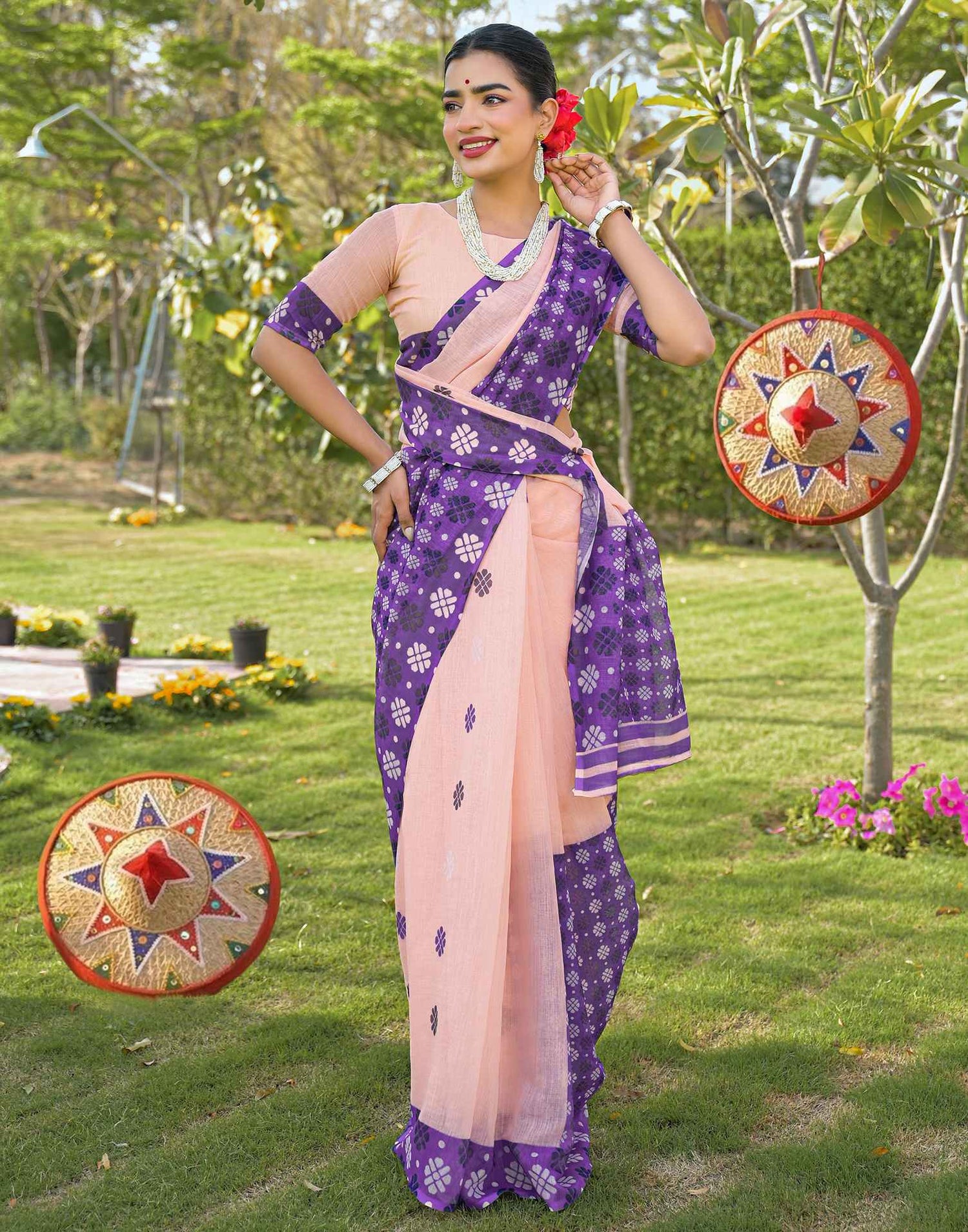 Peach Linen Printed Saree