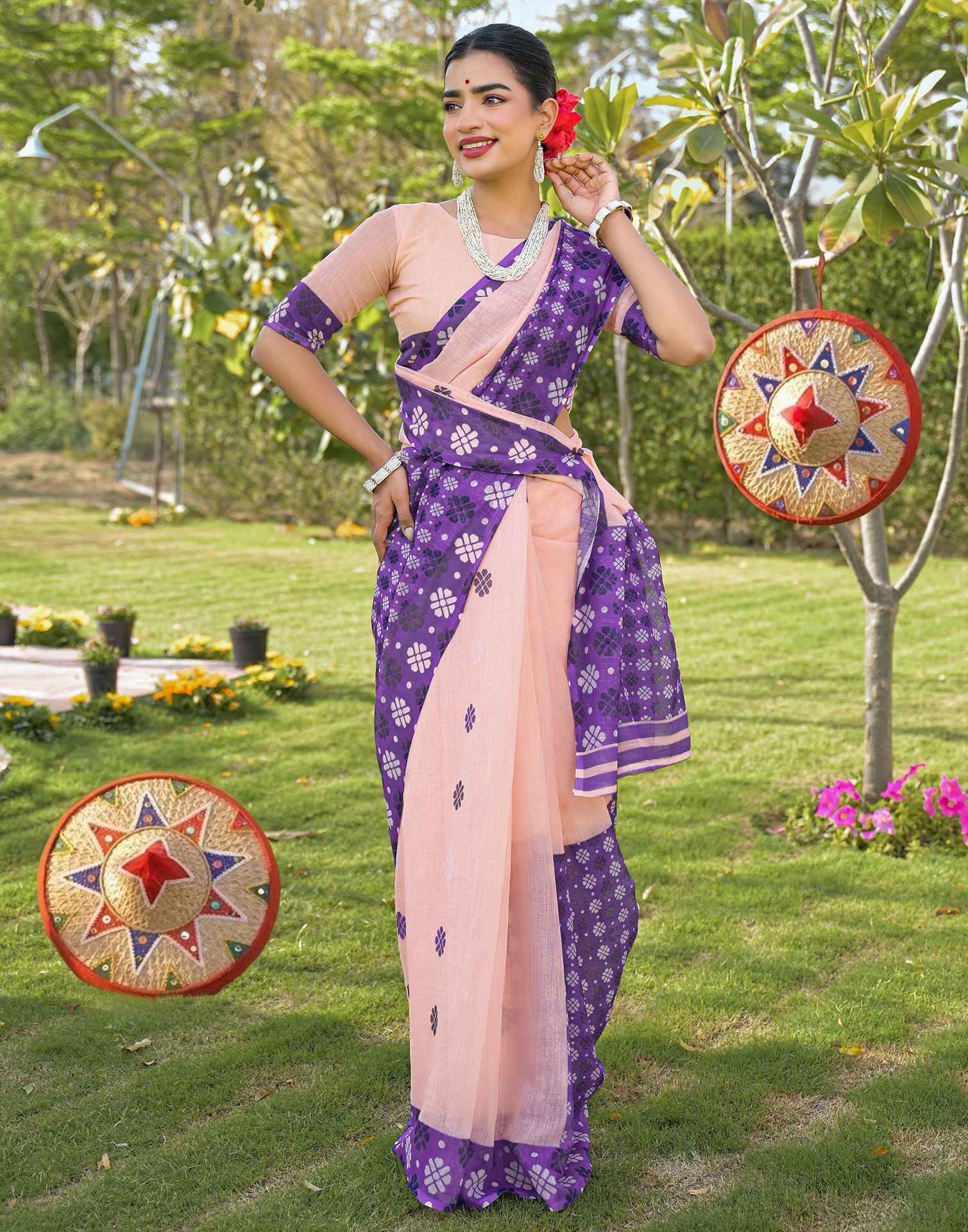 Peach Linen Printed Saree