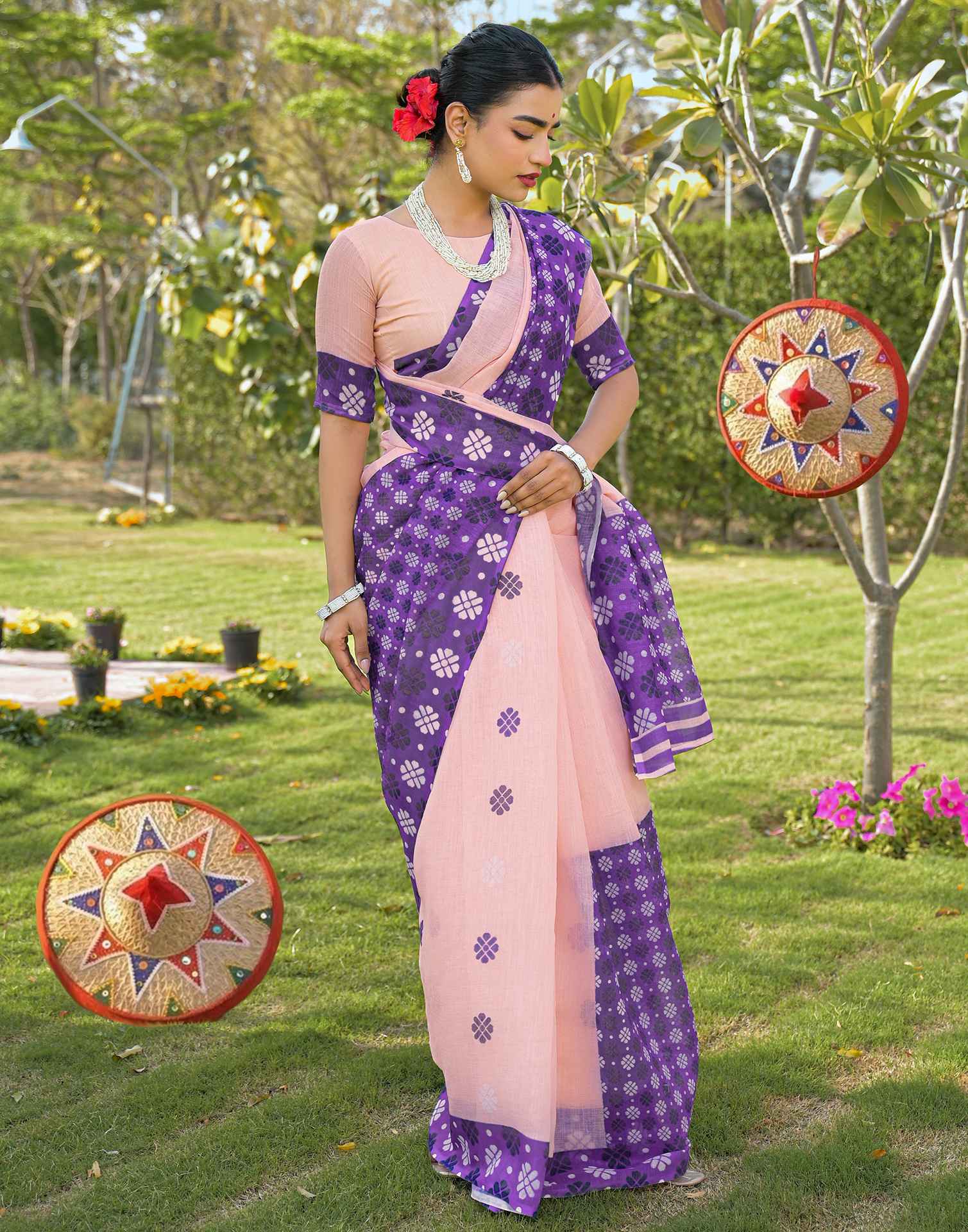 Peach Linen Printed Saree