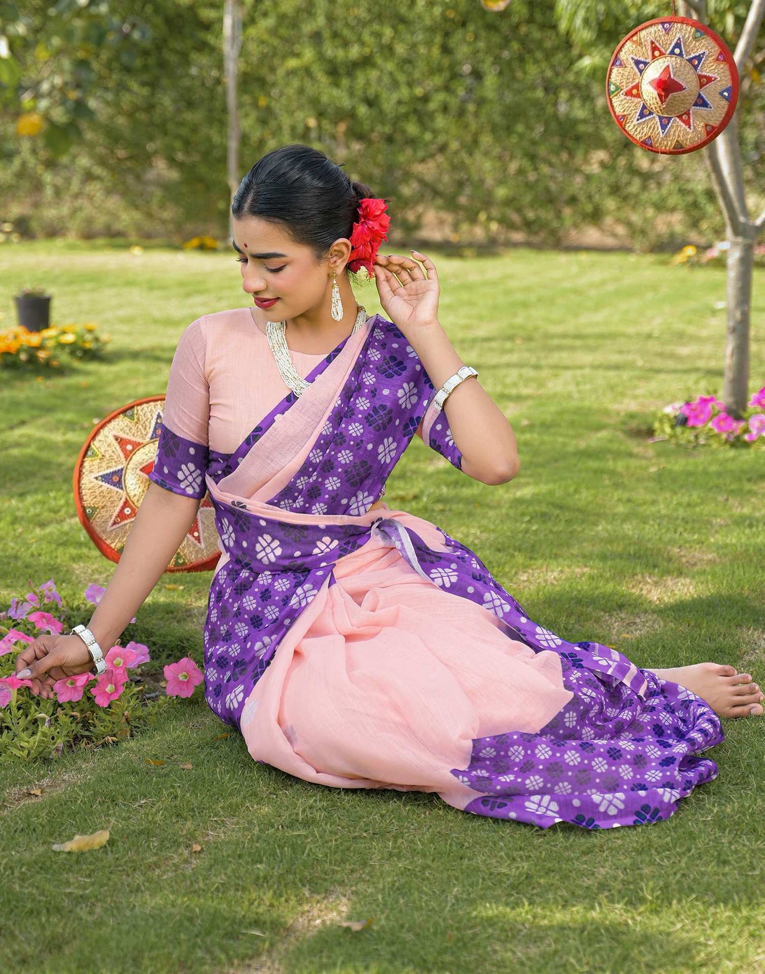 Peach Linen Printed Saree