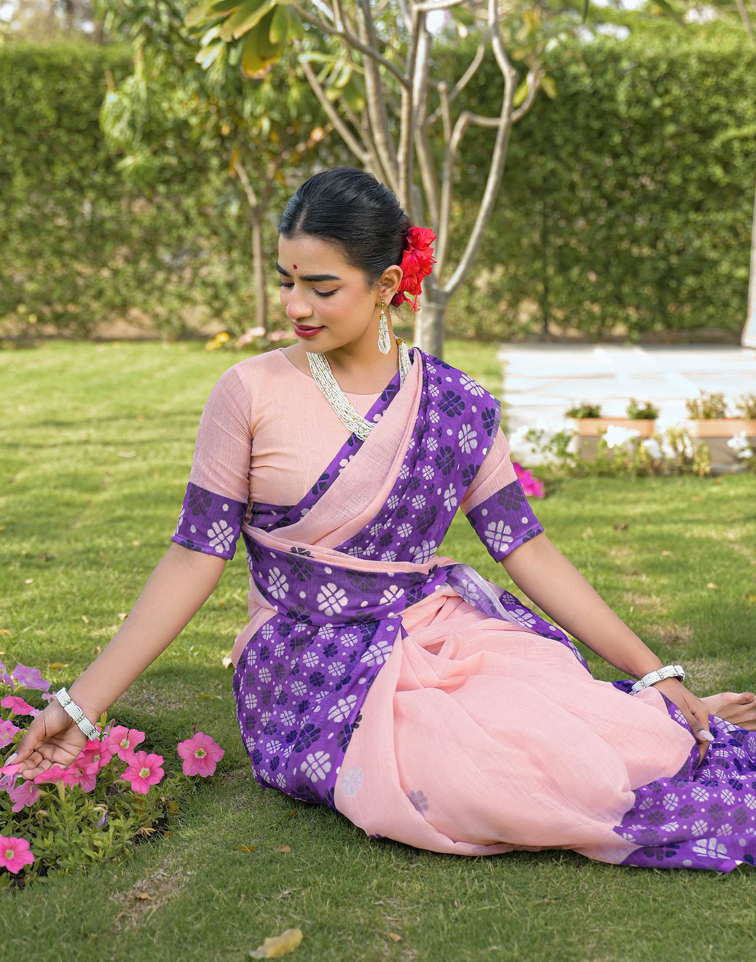 Peach Linen Printed Saree