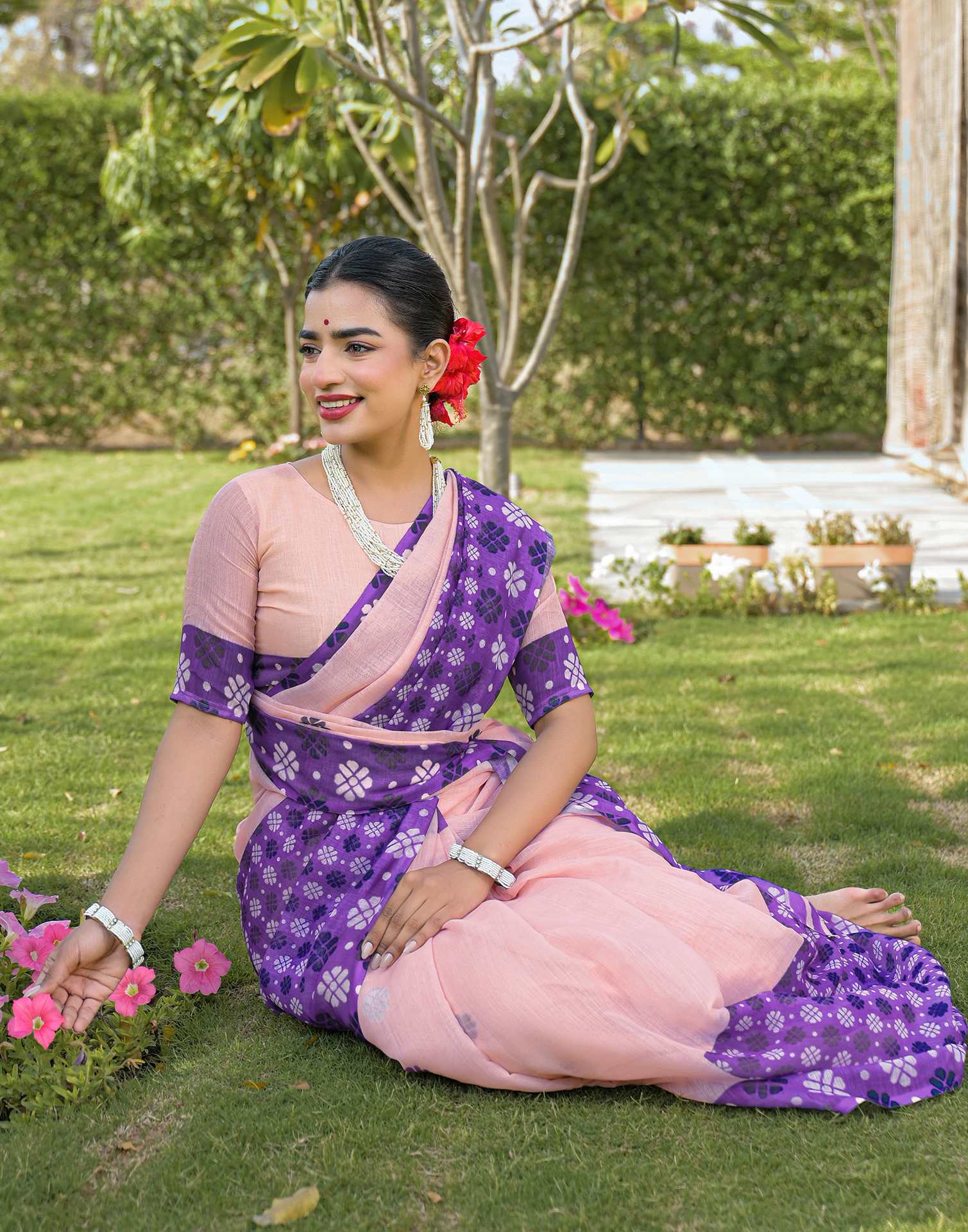 Peach Linen Printed Saree