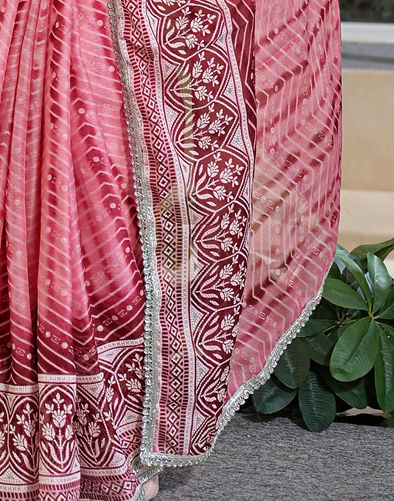 Pink Chiffon Printed Lace Saree