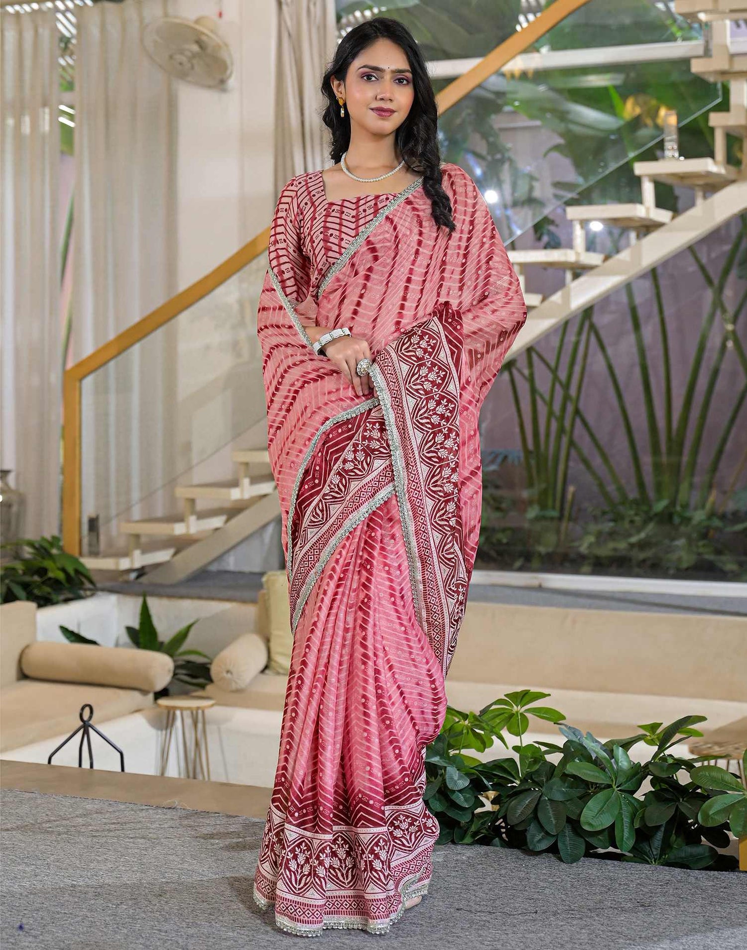 Pink Chiffon Printed Lace Saree