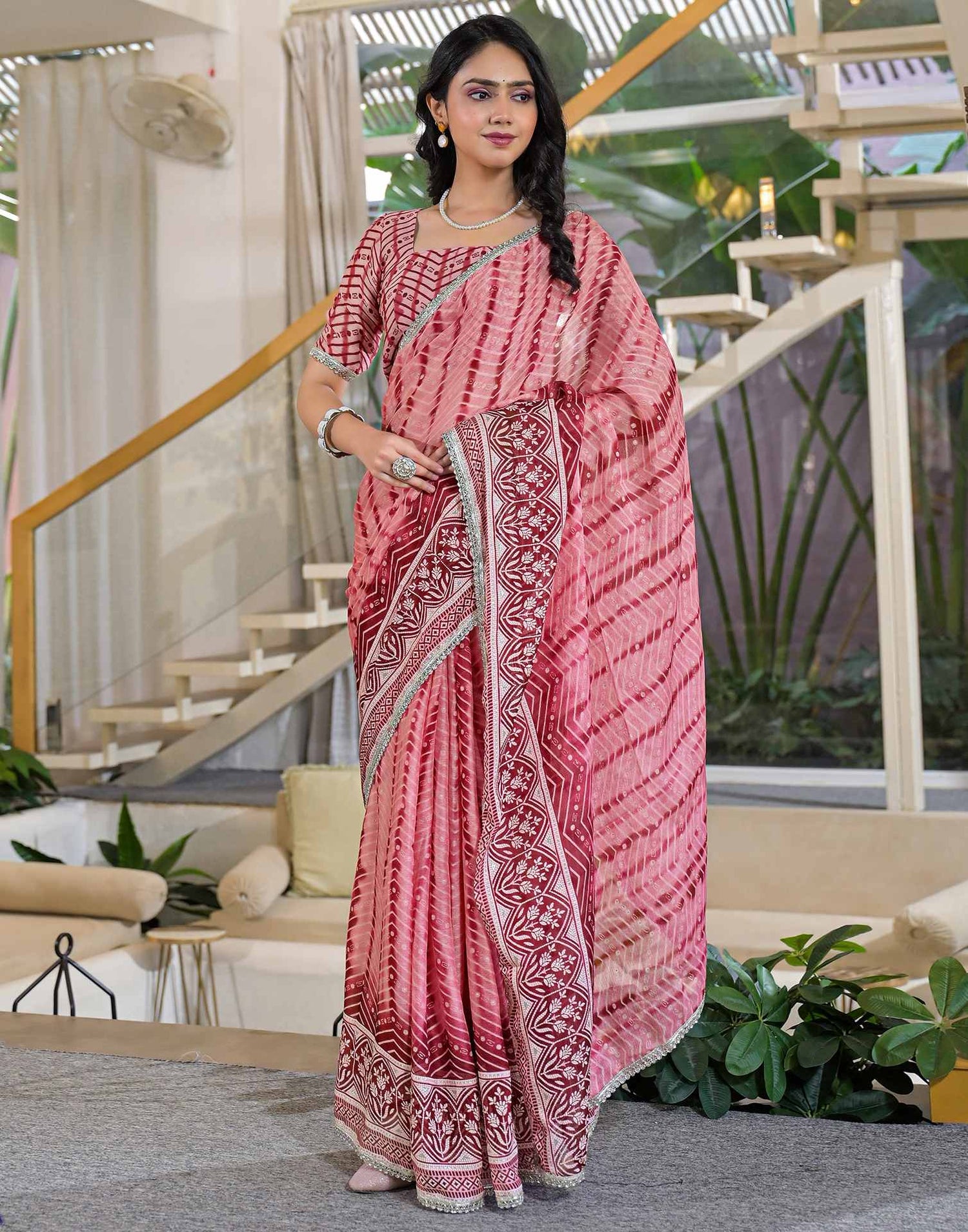 Pink Chiffon Printed Lace Saree