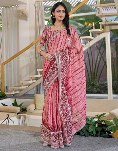 Pink Chiffon Printed Lace Saree