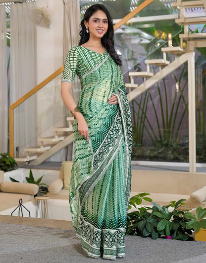Pista Green Chiffon Printed Lace Saree
