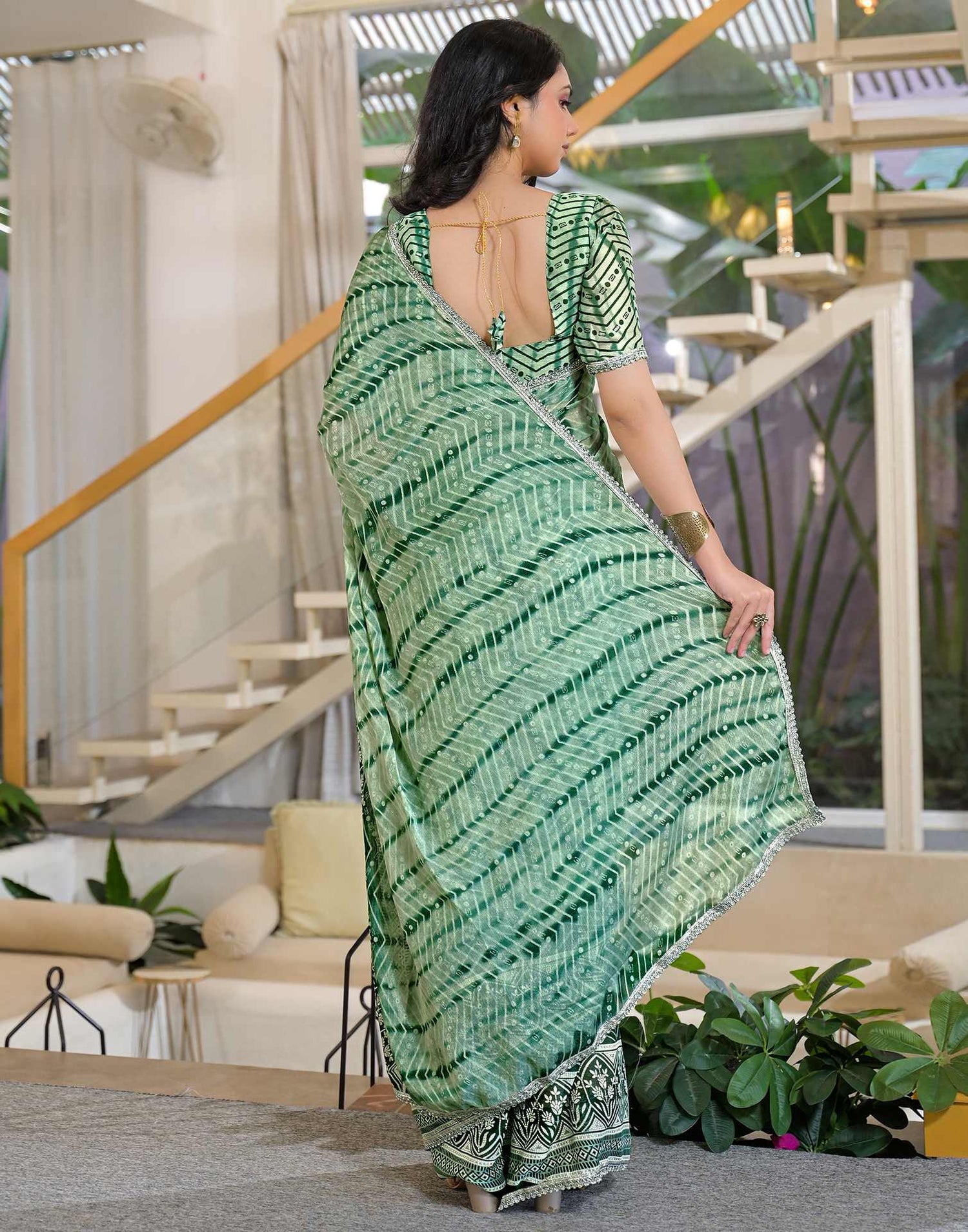 Pista Green Chiffon Printed Lace Saree