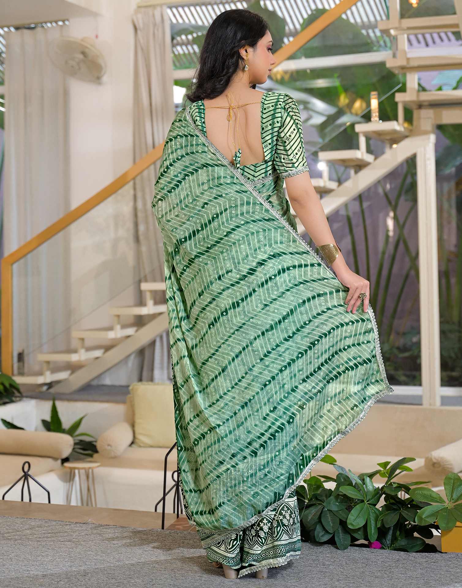 Pista Green Chiffon Printed Lace Saree