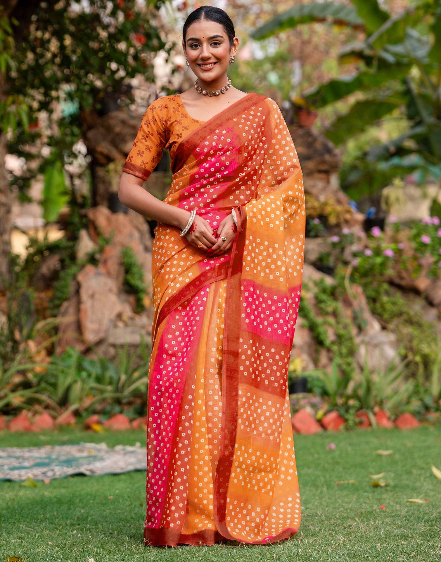 Vat Savitri Special Orange Linen Bandhani Printed Saree
