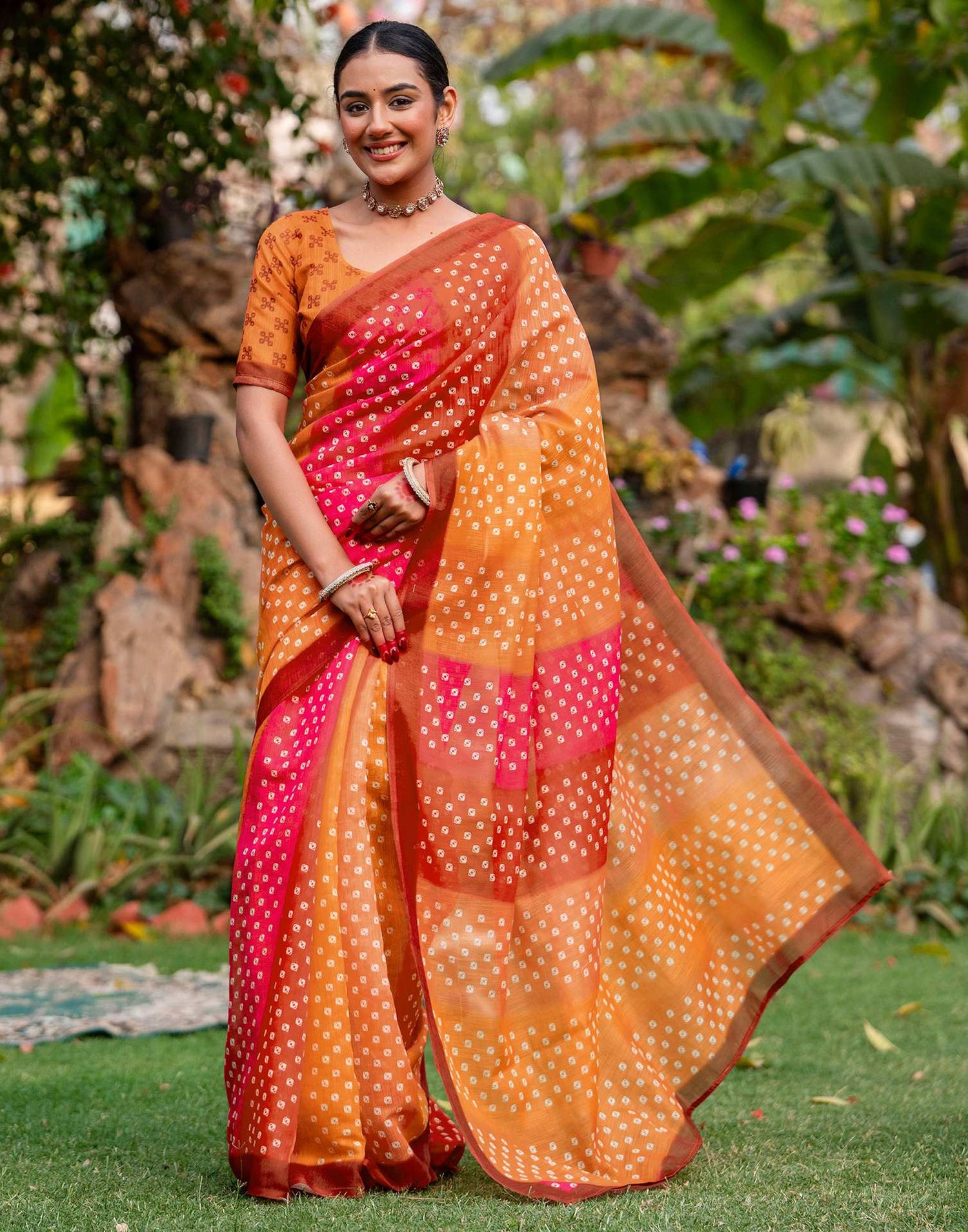 Vat Savitri Special Orange Linen Bandhani Printed Saree