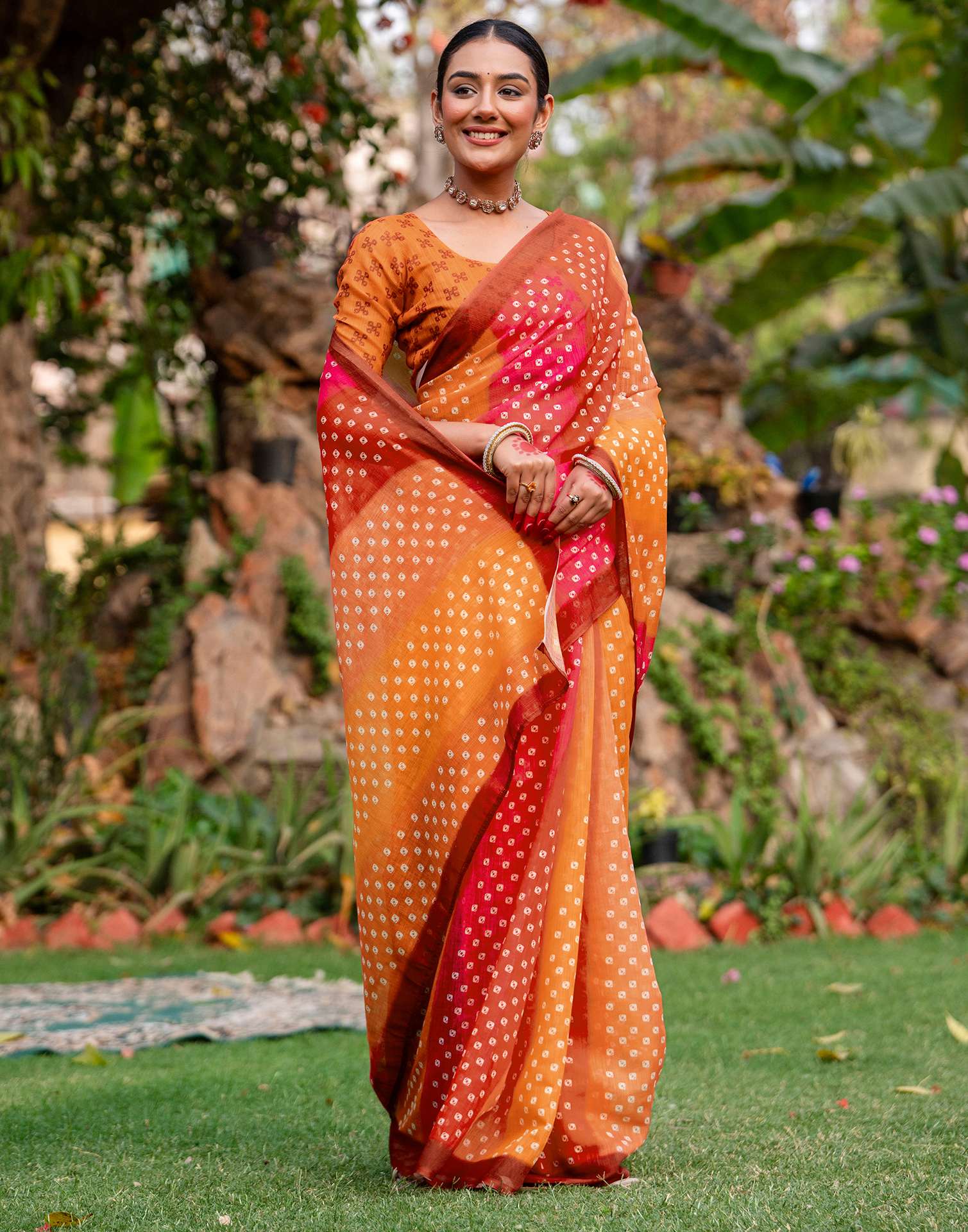 Vat Savitri Special Orange Linen Bandhani Printed Saree