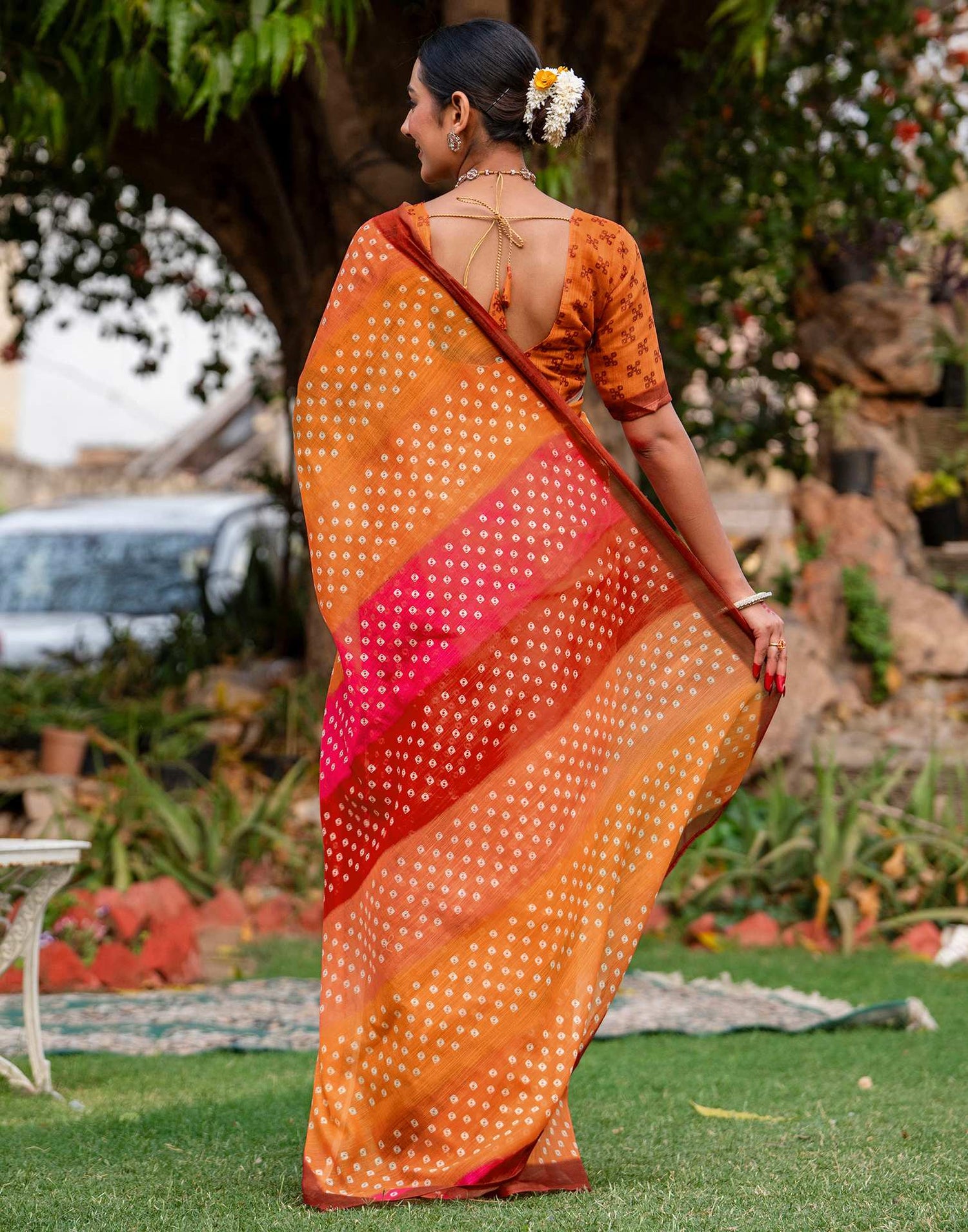 Vat Savitri Special Orange Linen Bandhani Printed Saree