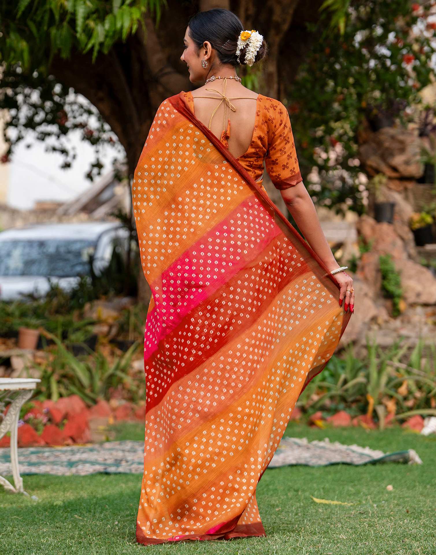 Vat Savitri Special Orange Linen Bandhani Printed Saree