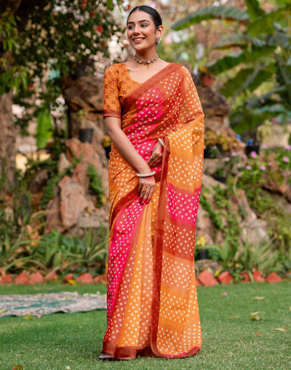 Vat Savitri Special Orange Linen Bandhani Printed Saree