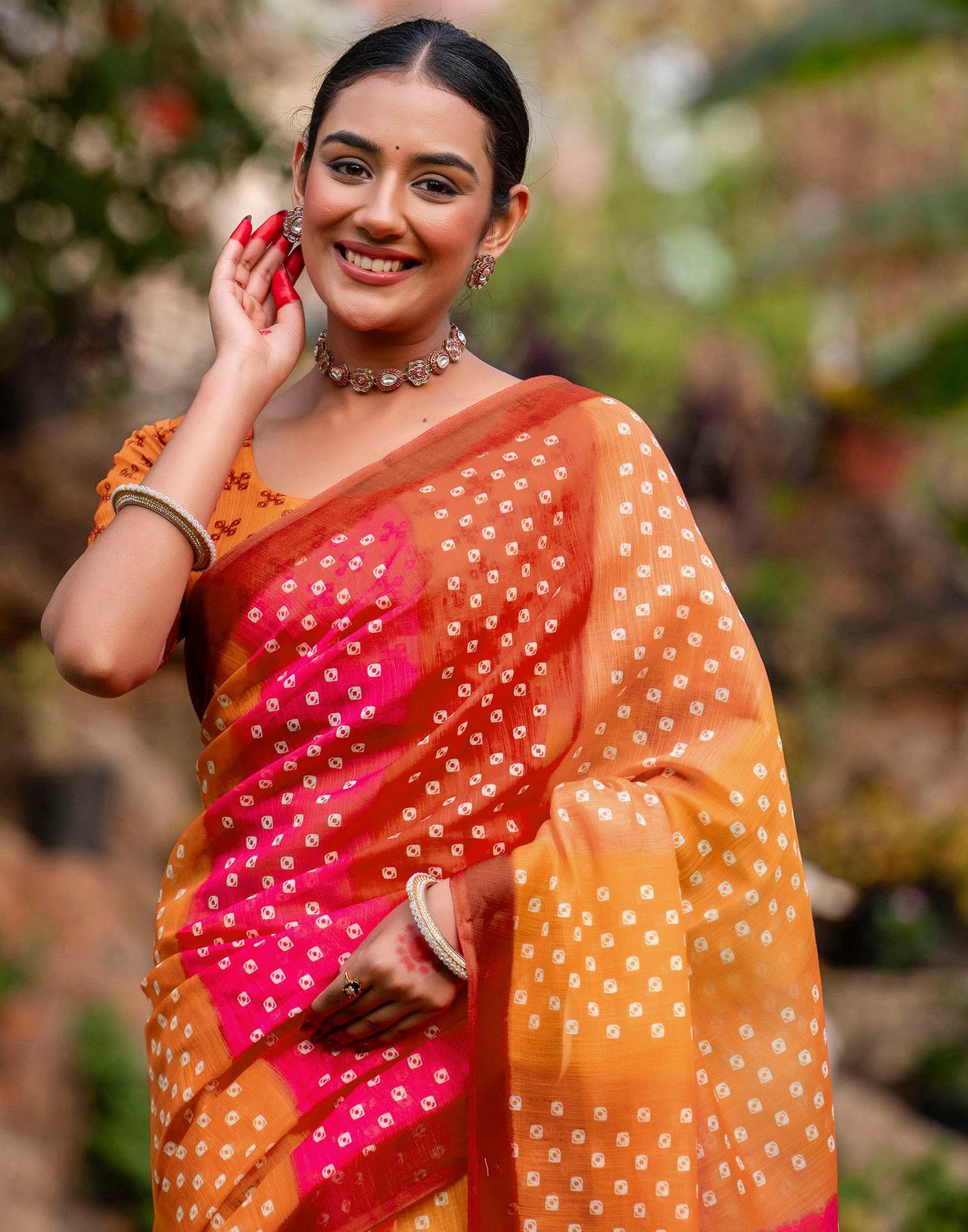 Vat Savitri Special Orange Linen Bandhani Printed Saree