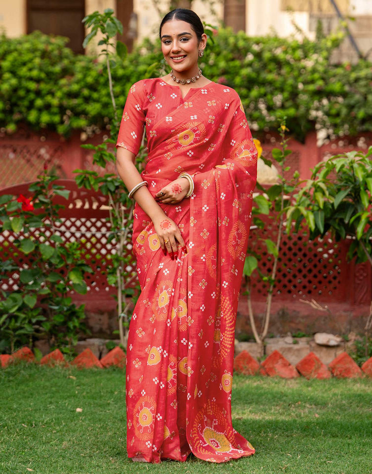 Vat Savitri Special Coral Red Linen Bandhani Printed Saree