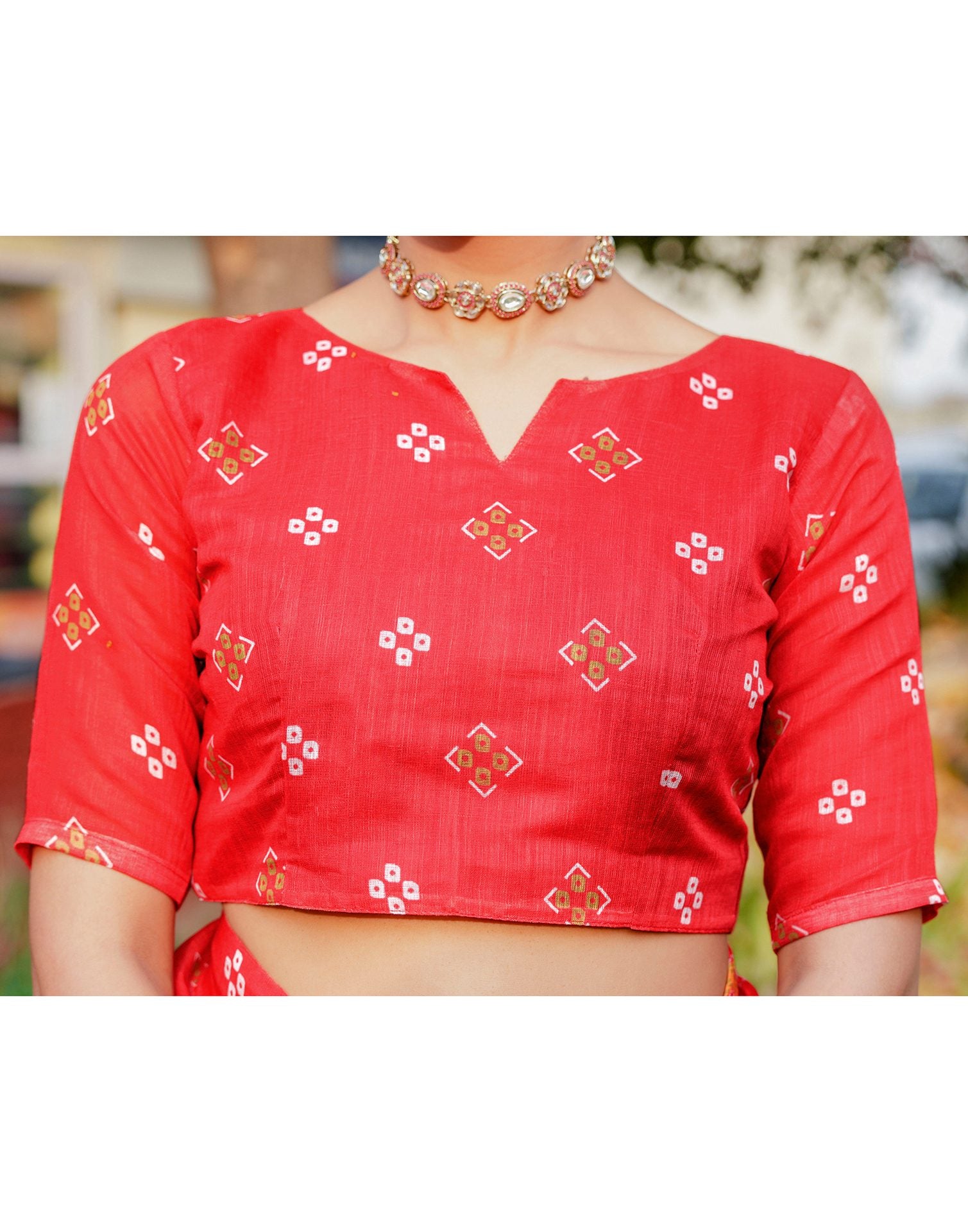 Vat Savitri Special Coral Red Linen Bandhani Printed Saree