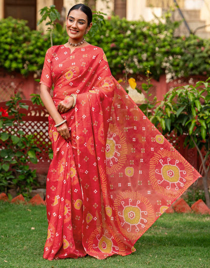 Vat Savitri Special Coral Red Linen Bandhani Printed Saree