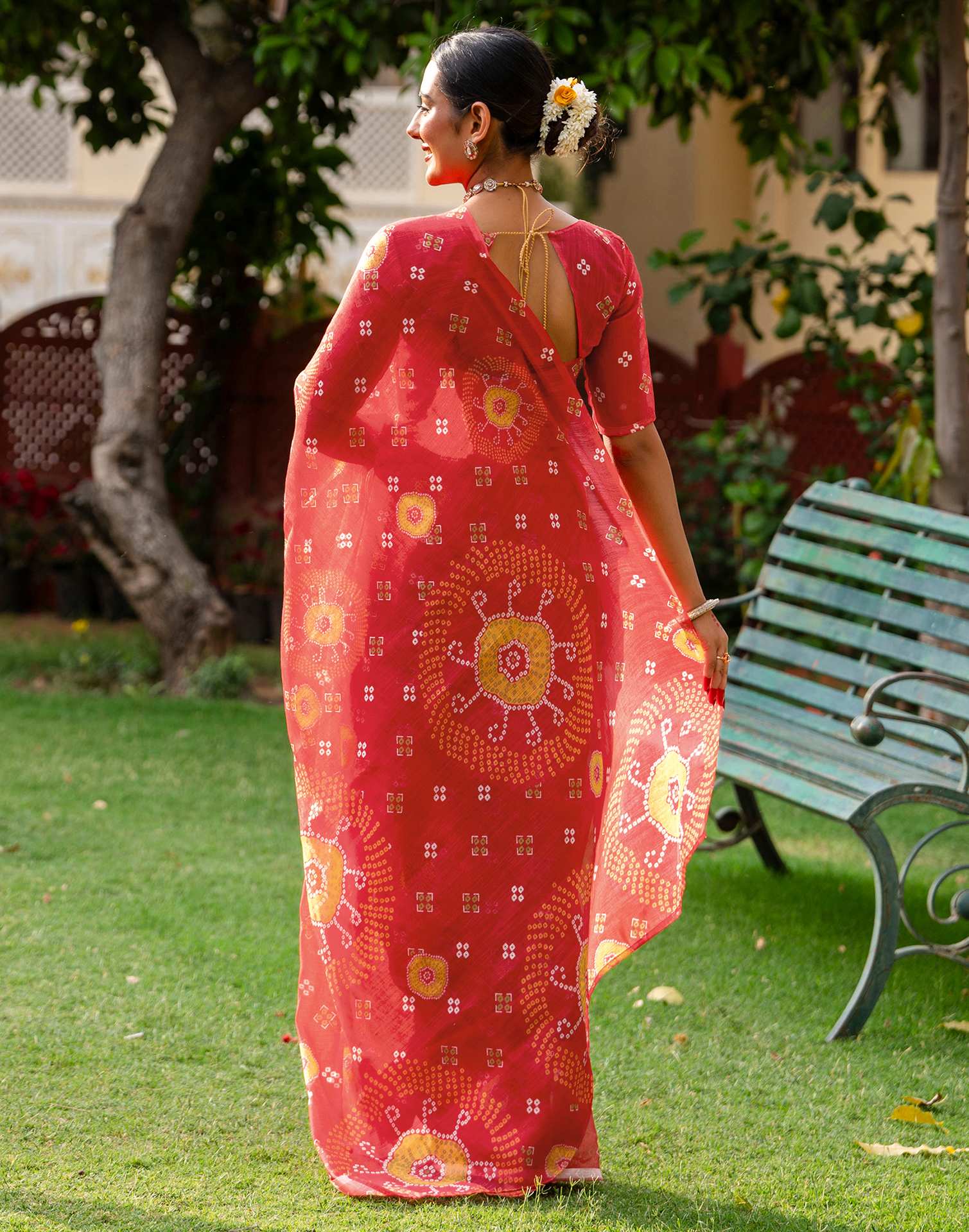 Vat Savitri Special Coral Red Linen Bandhani Printed Saree