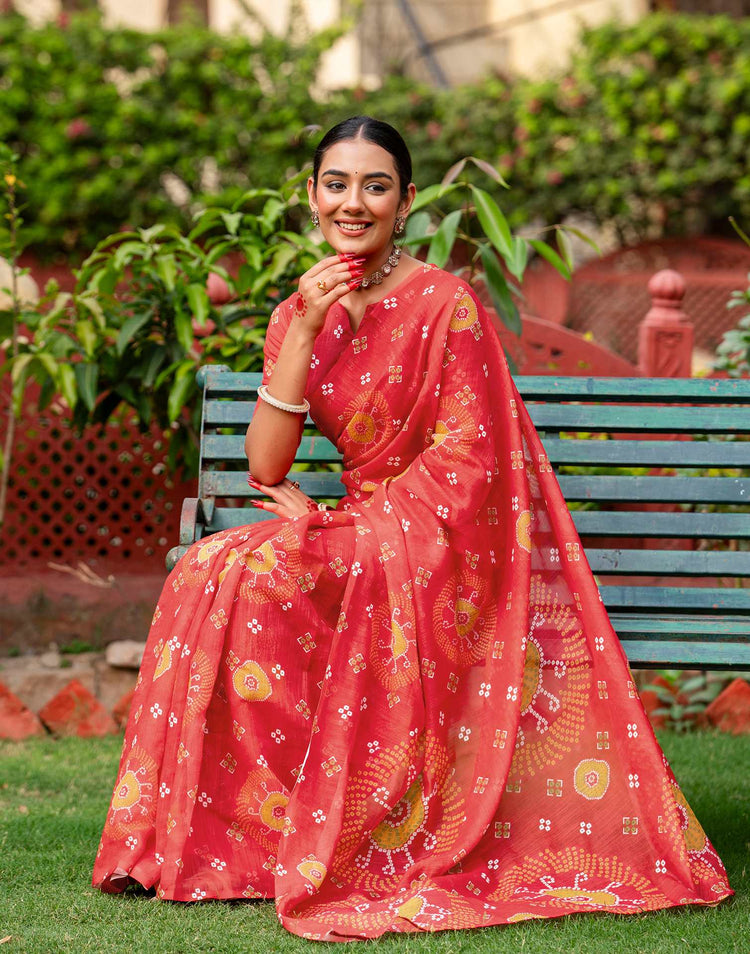 Vat Savitri Special Coral Red Linen Bandhani Printed Saree