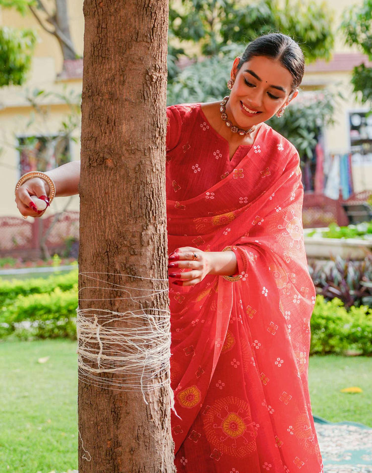 Vat Savitri Special Coral Red Linen Bandhani Printed Saree