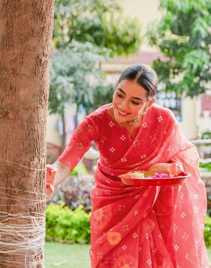 Vat Savitri Special Coral Red Linen Bandhani Printed Saree