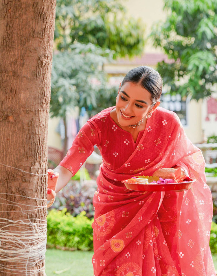 Vat Savitri Special Coral Red Linen Bandhani Printed Saree