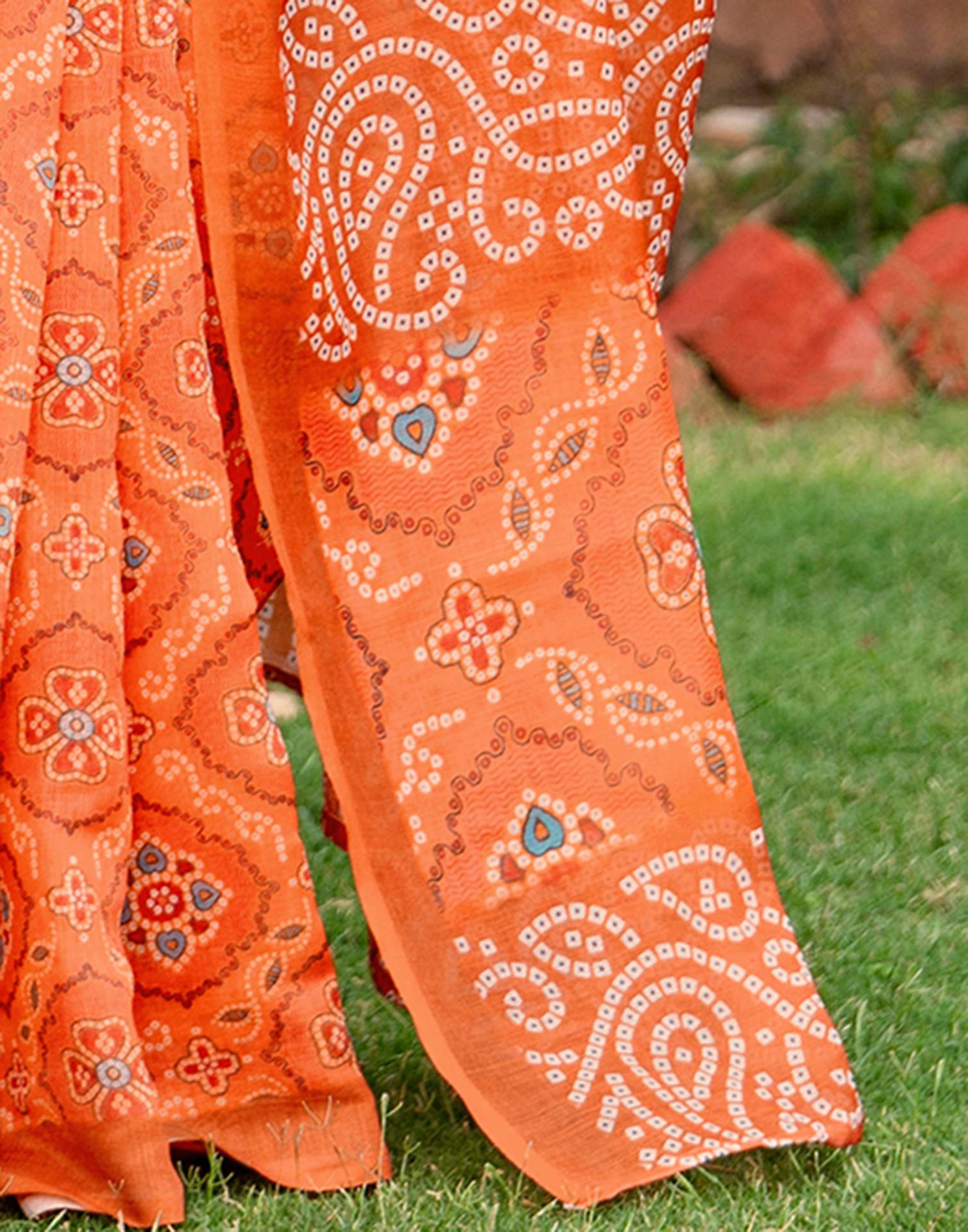 Vat Savitri Special Light Orange Linen Bandhani Printed Saree