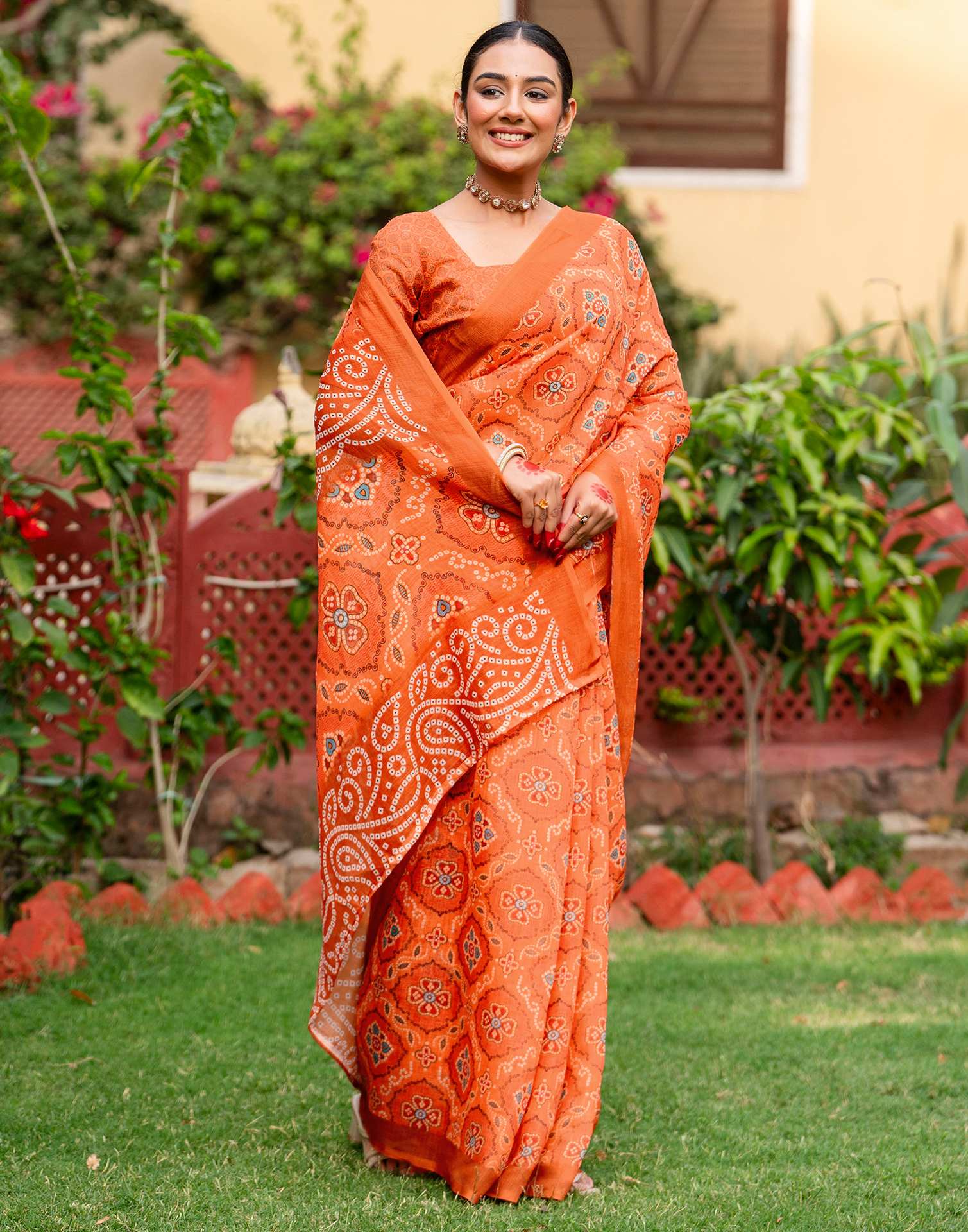 Vat Savitri Special Light Orange Linen Bandhani Printed Saree